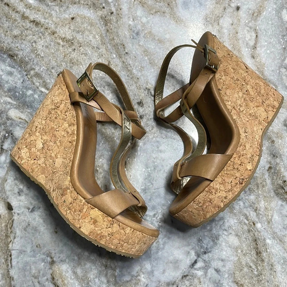 Jimmy Choo Leather and Kork Wedge Sandals Size 37.5 - Picture 3 of 14